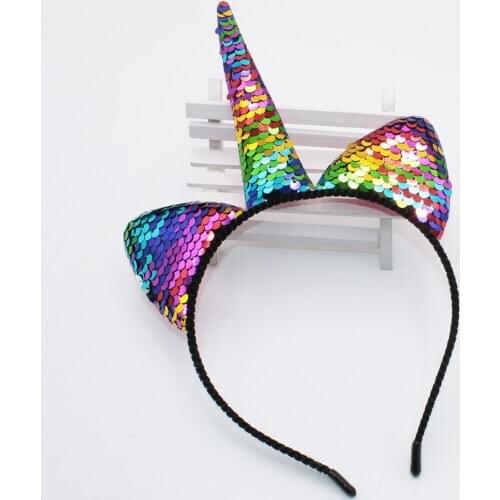 Colorful sequins flip the rainbow unicorn headband girls cat ears hairband cute cartoon cosplay hair accessories for women