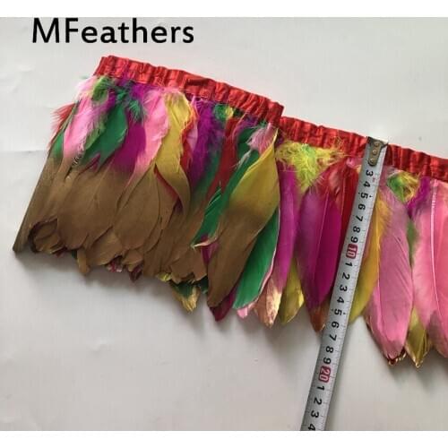 Wholesale 4Yards/Lot Dipped Gold Goose Feathers Trims Colorful Geese Feather 15-20CM For Crafts Fringes Ribbon Lace Plumas Plume