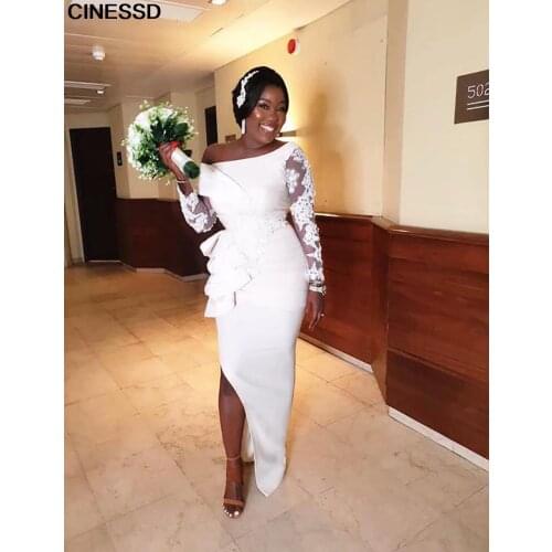 Long Sleeve Mermaid Bridesmaid Dress Applique Elastic Satin Woman Bridesmaid Dresses Plus Size Thigh-High Slits White