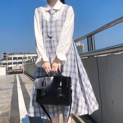 Preppy Style Sweet Womens Blue Plaid Dress Fake-two-piece Dress Long Sleeve Flare Sleeve Loose One Piece Fall Fresh Girl