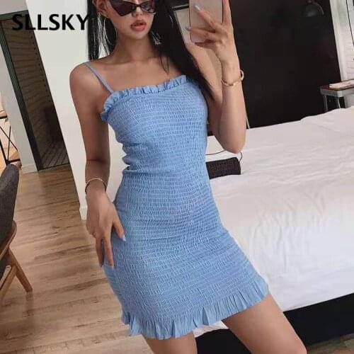 Sllsky Sexy Sheath Solid Blue Sleeveless Draped Above Knee Dresses Spaghetti Strp High Waist Clup And Party Thin And Soft Dress