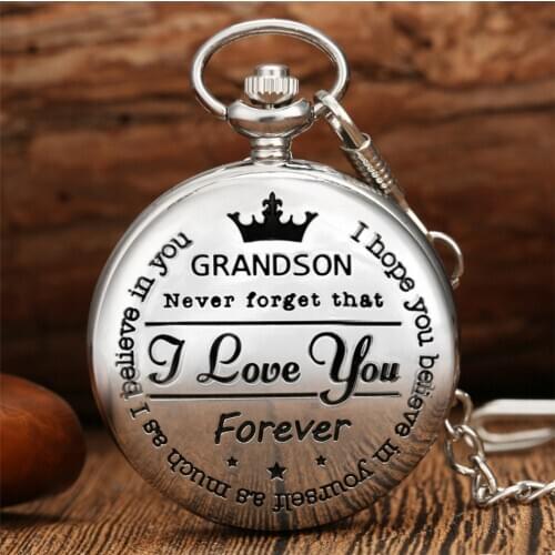 Grandson, I Love You Personalized Silver Pocket Watch Quartz Pendant Pocket Clock Vintage Souvenir Collection Birthday Gifts