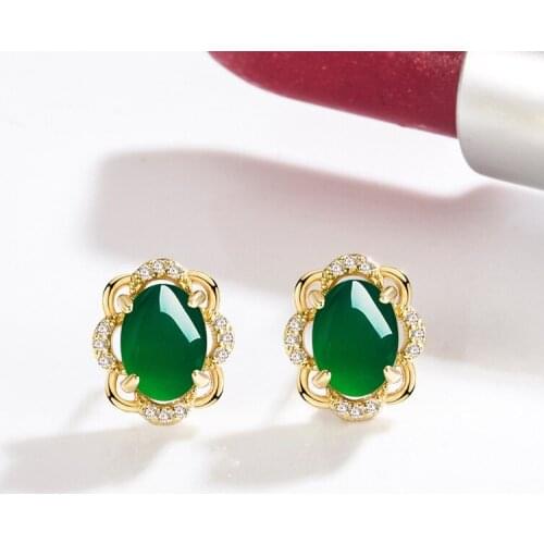 Retro ethnic green chalcedony earrings female diamond 18k gold green agate earrings flower gold color fashion ladies jewelry