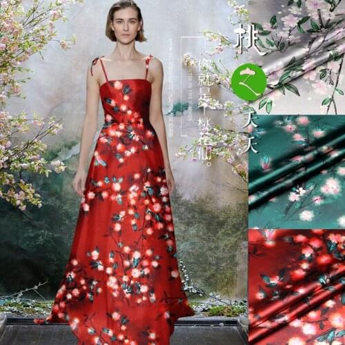 PRINTED SILK STRETCH SATIN 118cm width 19momme/Pure Mulberry Silk Tissus with Peach Blossom For Cheongsam Dresses Sewing