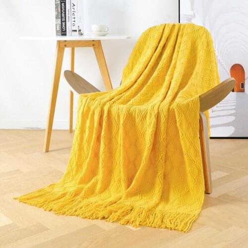 Luxury Knitted Travel Throw Blankets Tassels Office Siesta Shawl Blanket Soft Comfortable Yellow Sofa Blanket for Bed 127x152cm