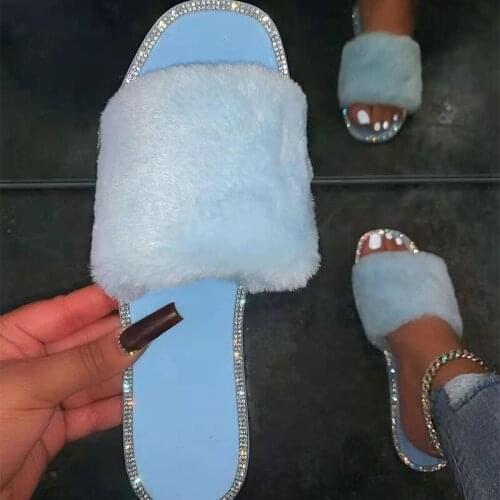 Women Crystal Fur Home Slippers Womens Short Plush Slides Ladies Comfort Flats Woman Open Toe Shoes Female Non Slip Footwear