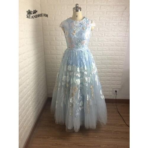 XUANDREAM new arrival vestido azul turquesa debutante curto o neck appliques lace elegant vintage long prom dresses 2019 XD-144
