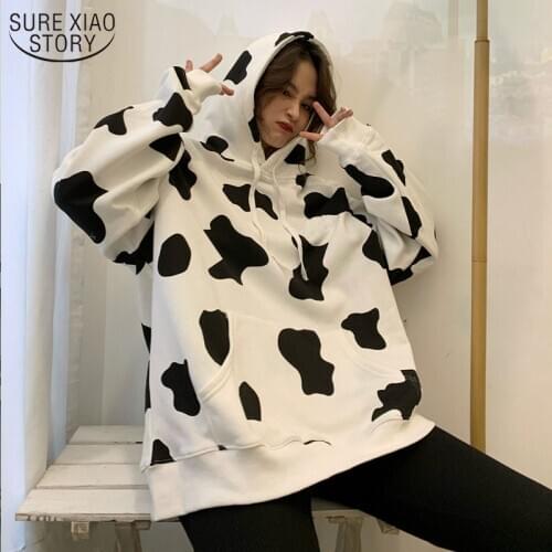 Women 2021 Oversized Printed Cows Streetwear Autumn Women Cartoon Hoodies Fleece Long Sleeve Womens Jacket Sweatshirts 11827