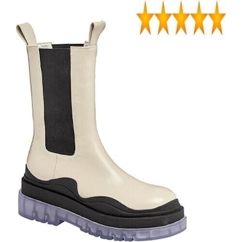 Women Stretchy Slip On Fashion Mid Calf Chelsea Boots Thick Platform Vintage Punk Ladies Casual Cow Split Leather Cargo Shoes