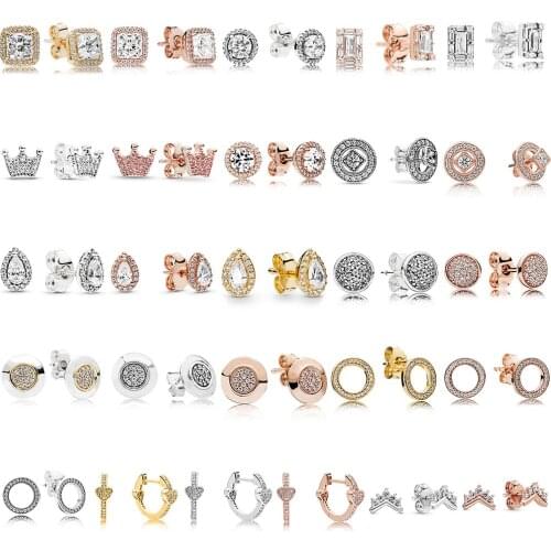 Women Silver Color Earrings Rose Gold Heart Pink Crystal Crown Round Shape Full Crystal Earring Drip For Women Jewelry