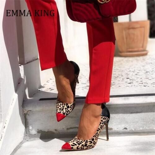 2020 Spring Women Leopard Print Pumps Sexy Patchwork Thin High Heels Stilettos Pointed Toe Dress Shoes Party Wedding Women Shoes