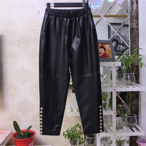 2021 Spring Autumn Chic womens fashion genuine leather ninth pants Elastic waist leather pencil pants B420