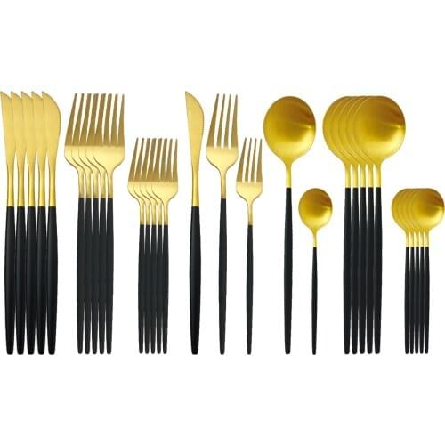 30Pcs Matte Black Gold Cutlery Set Stainless Steel Dinnerware Knife Dessert Fork Spoon Dinner Silverware Party Tableware Set