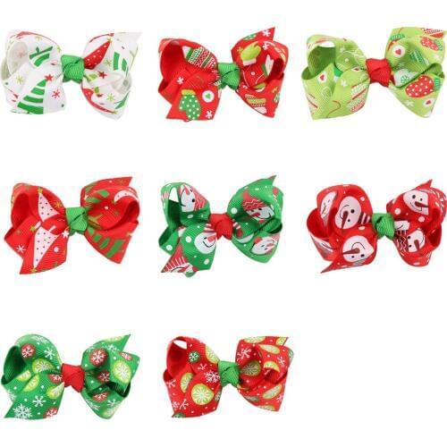 5pcs/lot 3 Inch Boutique Christmas Girls Hair Bows Handmade Grosgrain Ribbon Bows With Hair Clips Girls Hair Accessories