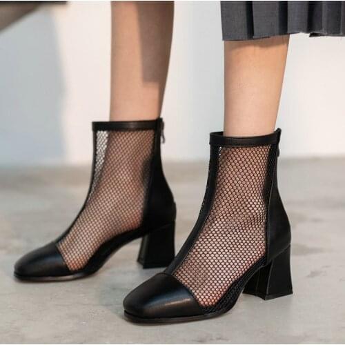 Summer Women Breathable Mesh Boots Women Pointed Toe Zipper Ankle Boots Fashion Hollow Square Heel Shoes Woman Black Beige