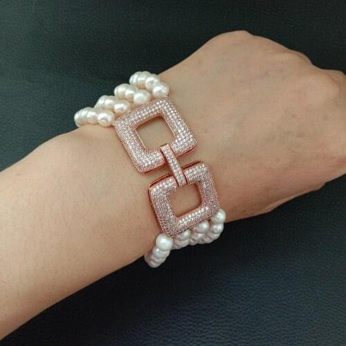 Bracelet 8'' 4 strands White Round freshwater Pearl gold plated Cz pave Clasp