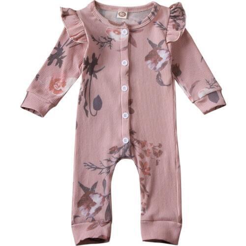 Newborn Baby Girls Clothes Ruffle Button Flower print lovely Romper round neck long sleeve kids Toddler Jumpsuit one pieces