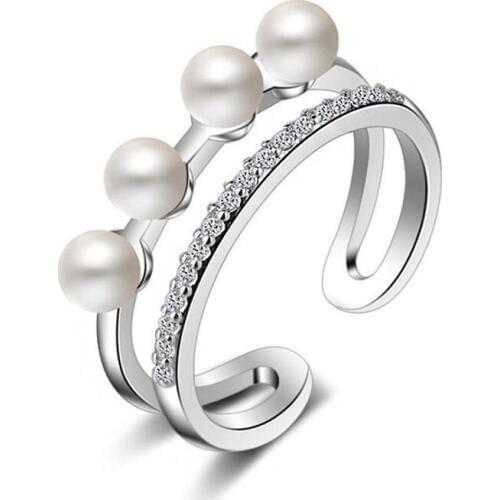 Double Layers Simulated-pearl & CZ Zirconia Female Weddings Finger Rings Rose Gold Color Fashion Jewelry Gift for Women