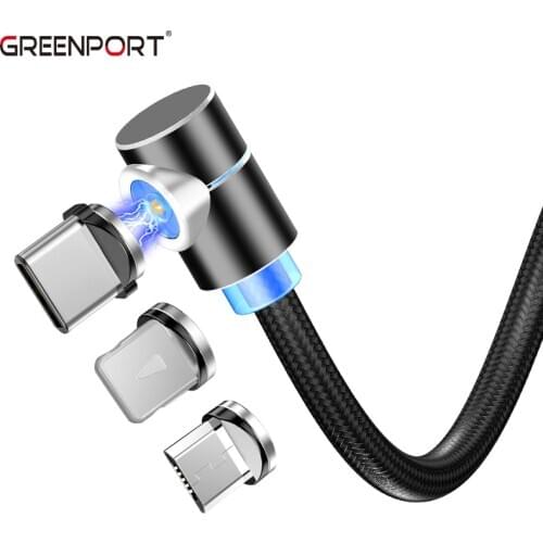 GREENPORT LED Magnetic USB Cable 90 Degree L Shape For Micro Type C For iPhone Magnet USB Charger Cable USB Port 1M 2M
