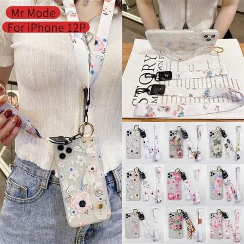 Flower Wrist strap lanyard Matte phone Case Protective shell Back cover For iPhone 12 MiNi 11 Pro XS Max XR X SE 2 8 7 6 6S Plus