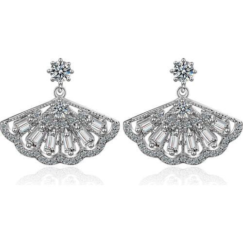Cute Crystal Column 925 Sterling Silver Geometric Pattern Fan Cubic Zirconia Earrings Valentines Day Gift