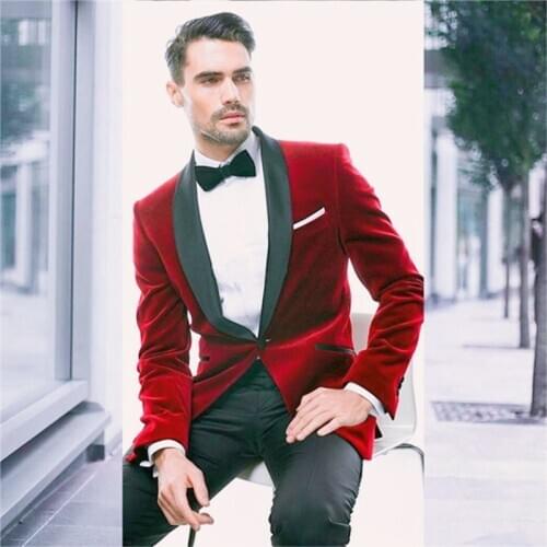 Handsome Velveteen Groomsmen Shawl Lapel Groom Tuxedos Wedding Dress Men Suits Blazer Prom Dinner (Jacket+Pants+Tie) K510
