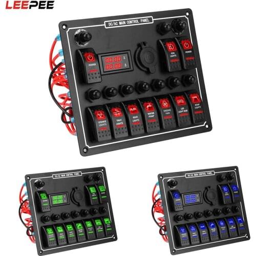 10 Gang Overload Protection Rocker Switch Panel Car Auto Marine Waterproof 15A DC Output Dual Power Control LED AC/DC