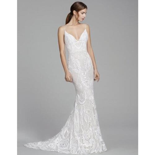 Sexy Backless Spaghetti Straps Wedding Dresses Embroidered Mermaid Bridal Gowns