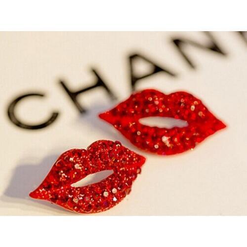 Fashion High Quality Big Brand Classic Luxurious Elegant Sexy Women Red Lip Rhinestone Earrings For Women Girls