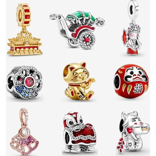 New 925 Sterling Silver Charm Bead China Tiananmen Square Cat New Year Fish Pendant Charms Fit Bracelets Women DIY Jewelry