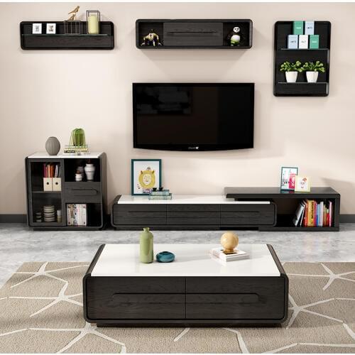 Nordic marble TV cabinet tea table combination set modern simple small family living room retractable TV cabinet