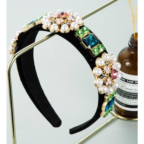 Vintage Color Floral Rhinestone Headband Ladies Pearl Crystal Headband For Girls Bardot Style Headdress Wedding Hair Accessories