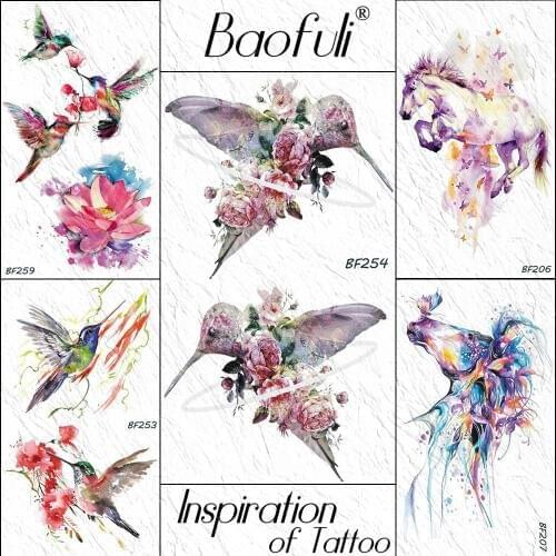 BAOFULI Fly Hummingbird Birds Peony Rose Leaves Temporary Tattoo Sticker Flower Blossom Watercolor Tattoos Bouquet Fake Tatoo
