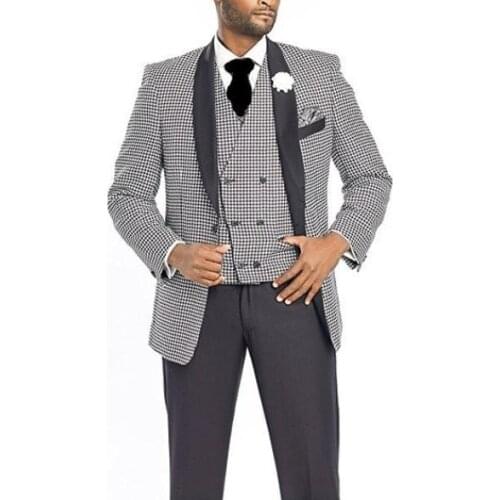 High Quality 3 Pieces One Button Houndstooth Groom Tuxedos Shawl Lapel Groomsmen Mens Wedding Prom Suits (Jacket+Pants+Vest)