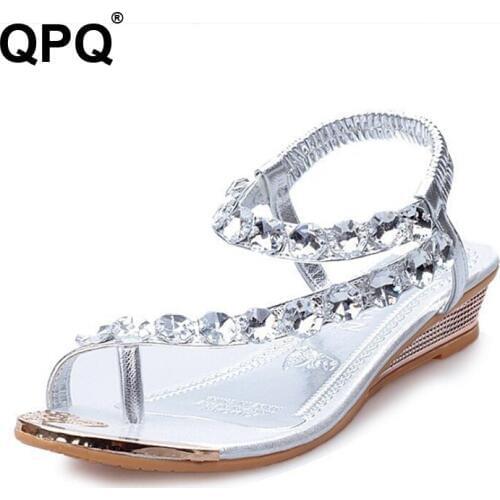 2017 Summer Bohemia womens T-tied wedges Sandals Elegant Luminous Shoes Elastic band Fretwork Womens Crystal sandals XC01