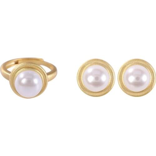 S925 sterling silver gold plated natural pearl opening simple personality fashion all-match female ring earings set