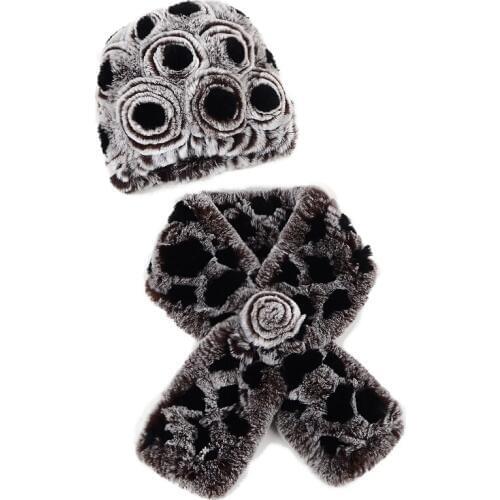 Women Rex Rabbit Fur Scarf Hats Sets Winter Warm Beanies Caps Fluffy Soft With Flowers Handmade