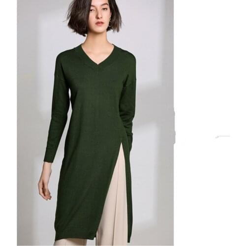 Women Dress 2019 New Autumn V-Neck Cashmere Wool Blending Knitted Pullover Long Sweater Female Casual Solid Long Sleeve Dress