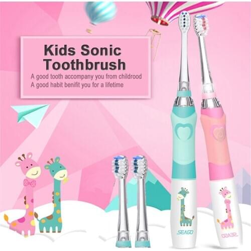 Seago Electric Toothbrush for Kids Cute Colorful LED Flashlight 16000 Strokes 1 Brush Handle+2 Replacement Heads Children Age3