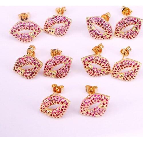 6Pairs, 17*11mm, Rose CZ Lip Stud Earrings Crystal Zirconia Fashion Jewelry For Women Bridal Engagement Earring