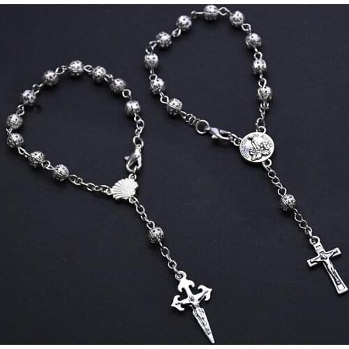 Rosary Bracelets for Women Metal Silver Color Round Beads Chain Bracelet Christian Catholic Saints Jesus Cross Prayer Jewelry