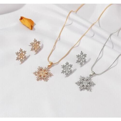 Snowflake Rhinestone Pendant Necklace Stud Earrings for Women Christmas Party Valentines Day Jewelry Gift