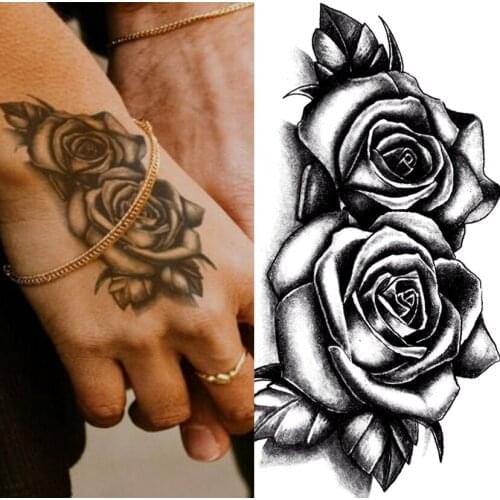 Double Rose Flower Temporary Tattoo Arm Leg Temporary Tattoo Women Body Art Paint Fake Black Rose Waterproof Tattoo Sticker