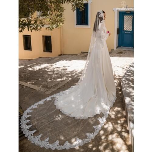 Real Photo 4M One Layers Wedding Veil With Comb White Lace Edge Bridal Veils Ivory Appliqued Cathedral Wedding Bridal Veil