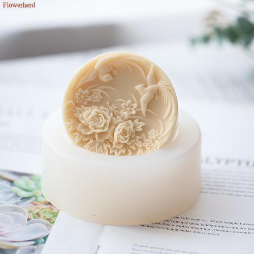 Flying Phoenixs on Flowers pattern Silicone Mold Handmade Soap Silicone Mold Round Silicon Soap Molds Soap Making Supplies