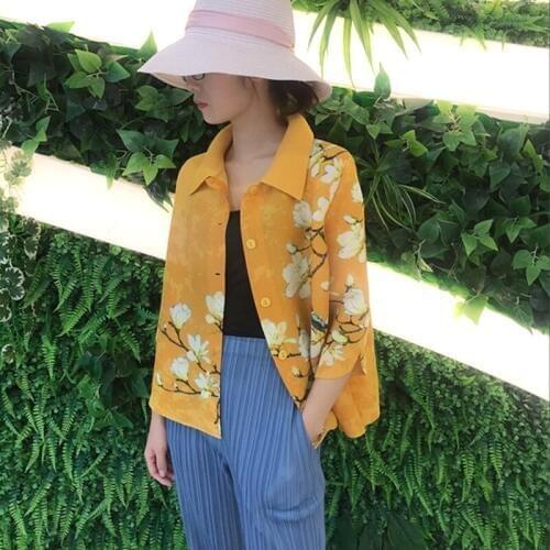 HOT SELLING Miyake fold print floral Fold fashionable single breasted wide-waisted Petal sleeve coat IN STOCK