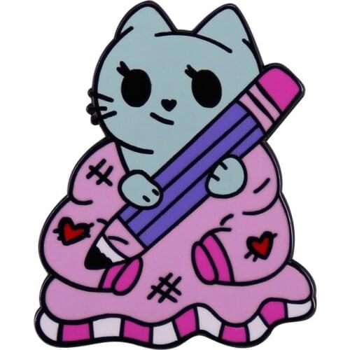 Kawaii Painter Cat in Japanese Kimono Enamel Pin Pencil Doodle Brooch Great Gift for Artist