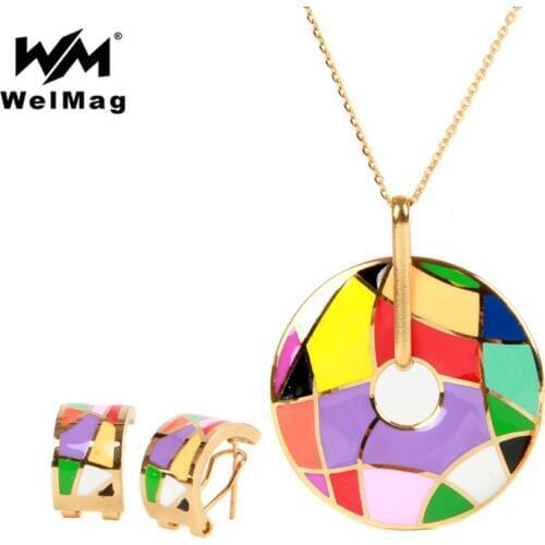 WelMag Womens Jewelry Sets Colorful Pattern Stainless Steel Accessories Femme Necklace/Earrings for Party Dropship 2019