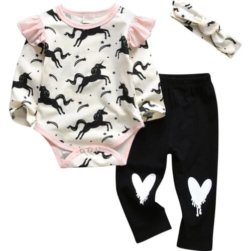 Newborn Baby Girls Clothes Sets Outfits Long Sleeve Cartoon Long Sleeve Bodysuits+Pants Headbands Infant 3pcs Baby Girl Clothing