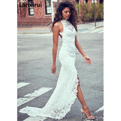O Neck Backless Sleeveless Full Dress Lace Embroidery Hollow Out Sexy Split Irregular Dress Temperament Slim Floor Length Dress